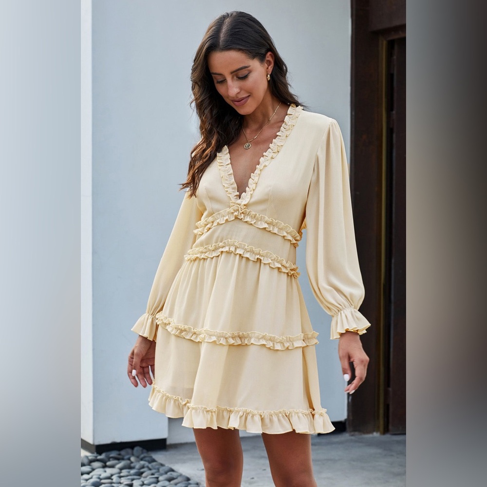Princess Polly XL Unbranded Long Sleeve Elegant Cream Beige Ruffle Tier Dress